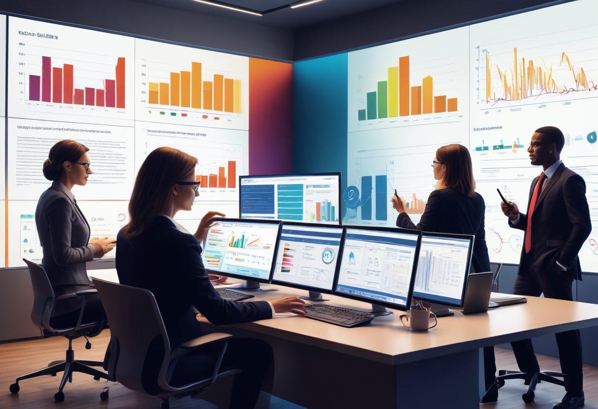 A professional legal office scene showcasing a diverse group of legal professionals engaged in a dynamic discussion around a large digital screen displaying an innovative case management software interface. Highlight elements like legal documents, laptops, and colorful graphs depicting efficiency metrics. The atmosphere reflects collaboration and modern technology in law. soft lighting. vector art. vibrant colors.