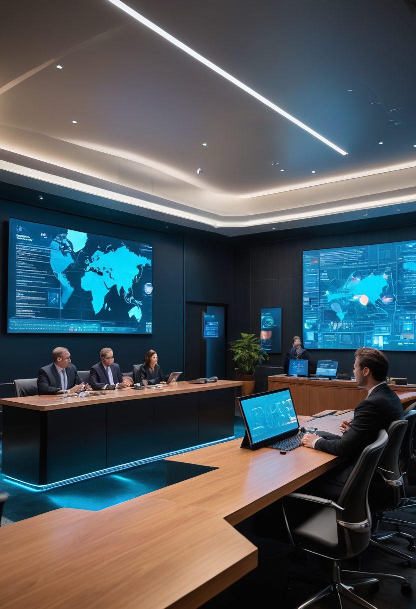 A futuristic courtroom with holographic displays showcasing real-time case tracking, a diverse group of legal professionals using tablets and AI interfaces, vibrant colors highlighting technological features, and a sleek design emphasizing innovation and collaboration. super-realistic. vibrant colors. modern aesthetics.