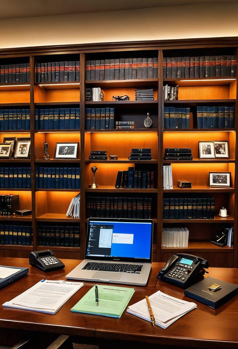 A dynamic legal workspace featuring an organized desk with essential case management tools like legal files, a laptop displaying a case management software, and a gavel. Incorporate a backdrop of a law library with shelves filled with legal books and vibrant charts on the wall illustrating successful case outcomes. Warm lighting for a focused atmosphere. super-realistic. vibrant colors.